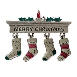 JJ Jonette Pewter Style Christmas Stocking Charm Dangle Brooch, Signed L91